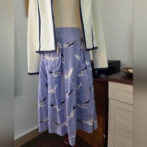Who What Wear Blue and White Bird Print Midi Skirt